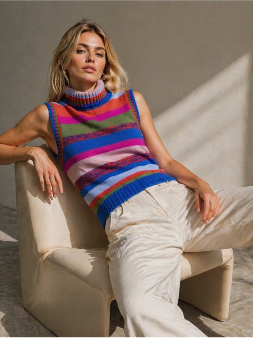 RETRO Multicolor Striped Turtleneck Sweater Vest Size M